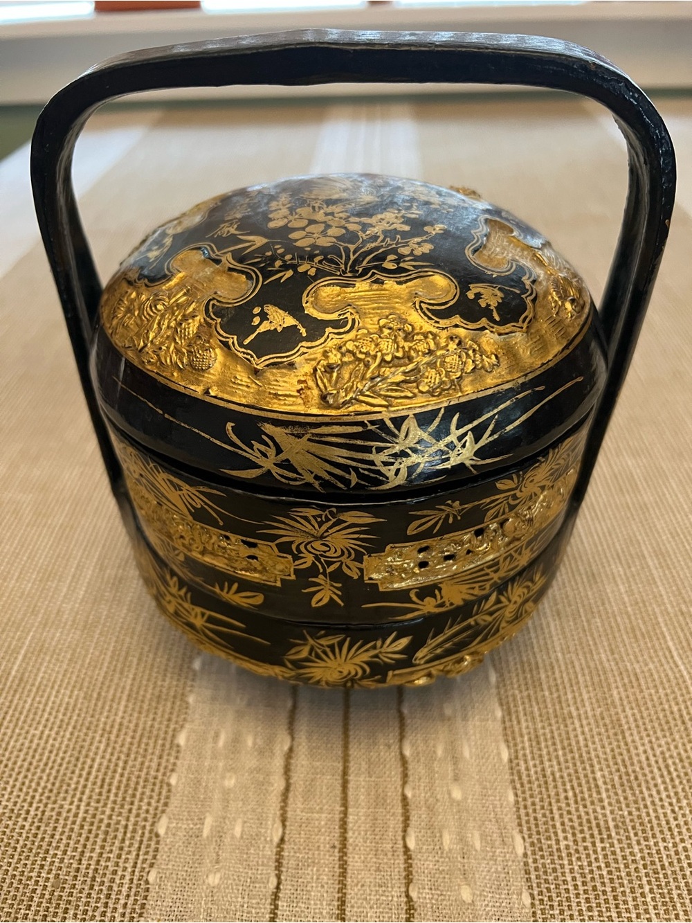 Black and Gold Lacquered Decorative Basket with Handle